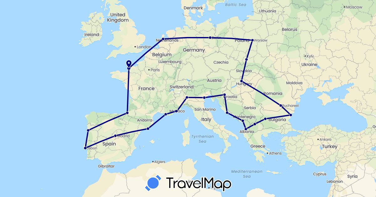 TravelMap itinerary: driving in Albania, Bulgaria, Germany, Spain, France, Croatia, Hungary, Italy, Monaco, Montenegro, Macedonia, Netherlands, Poland, Portugal, Romania (Europe)